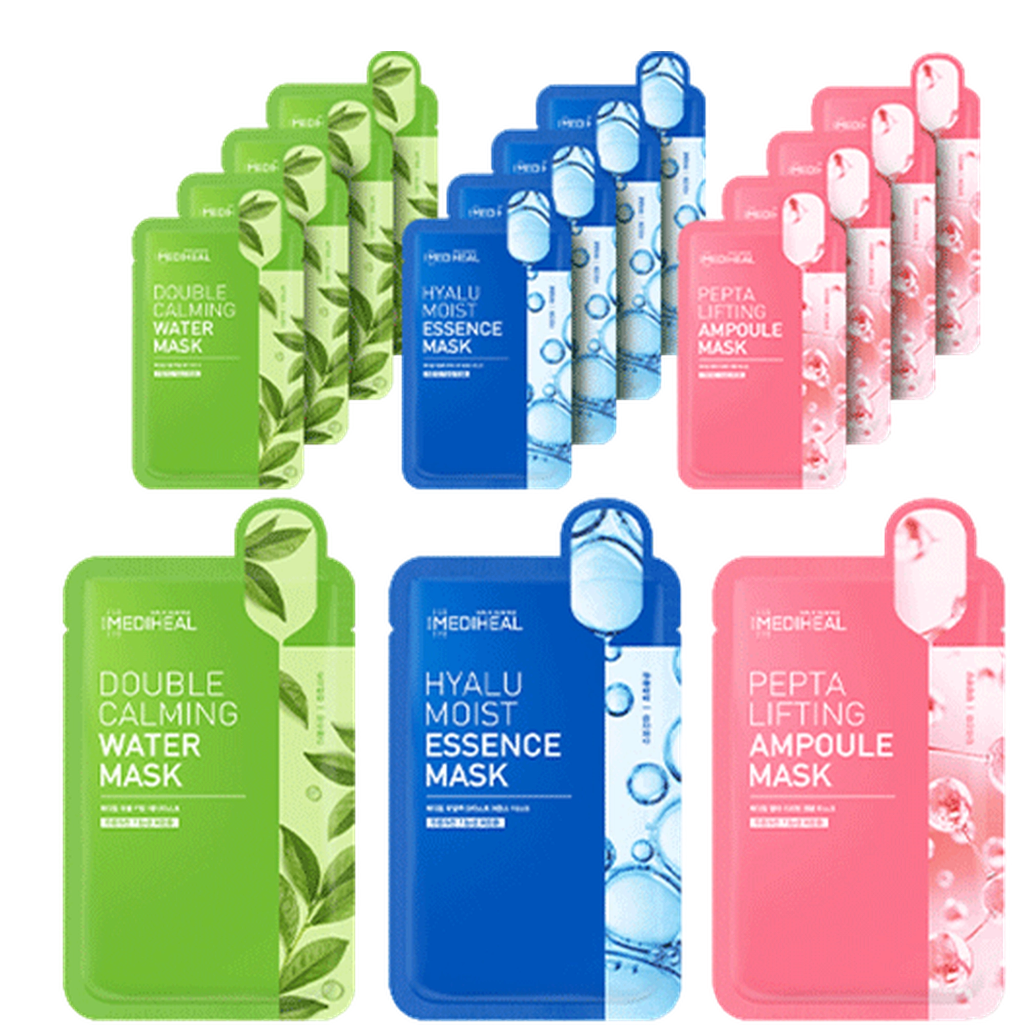 MEDIHEAL Double Calming Water Mask + Hyalu Moist Essence Mask +
